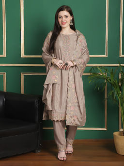 Stylee LIFESTYLE - Beige Chiffon Embroidered Unstitched Dress Material (Set of 3)