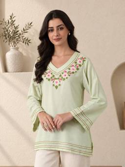 QAZMI - Floral Kashmiri Aari Work Viscose Rayon V-Neck Full Sleeves Kurti