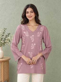 QAZMI - Women Kashmiri Aari Embroidered Viscose Rayon Flared Sleeves Short Kurti