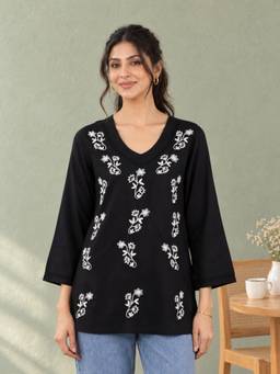 QAZMI - Women Kashmiri Aari Embroidered Viscose Rayon Flared Sleeves Short Kurti