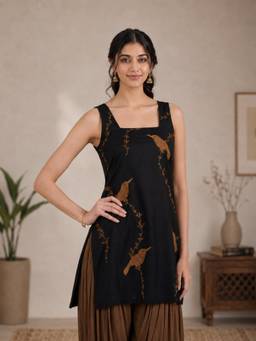QAZMI - Women Black Embroidered Viscose Rayon Sleeveless Kurti
