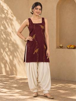 QAZMI - Women Burgundy Embroidered Viscose Rayon Sleeveless Kurti