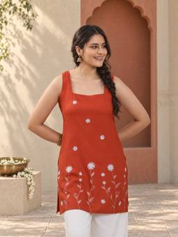 QAZMI - Women Floral Embroidered Sleeveless Kurti