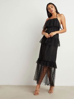 Styli - Black Layered Flocked Tulle Maxi Dress With Halter Neck And Backless Detail