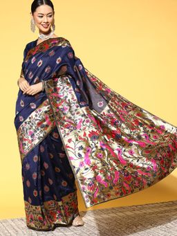 Sareemall - Silk Blend Navy Blue Woven Design Saree With Unstitched Blouse