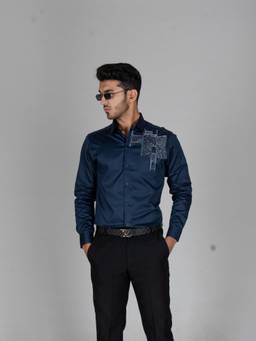 MENOIR - Ethnic Side Blue Embroidered Shirts