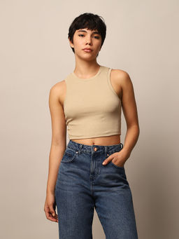 ONLY - Beige Ribbed Cropped Tank Top