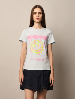 ONLY - Light Blue Printed Cotton T-Shirt