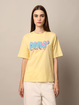 ONLY - Pale Yellow Logo Print Cotton T-Shirt