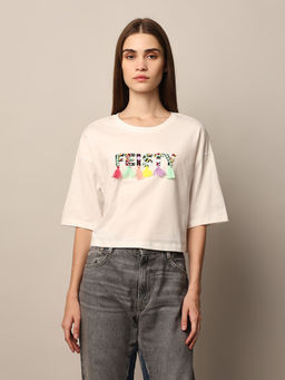 ONLY - White Bead Decorated Cotton T-Shirt