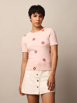ONLY - Pink Embroidered Ribbed Top