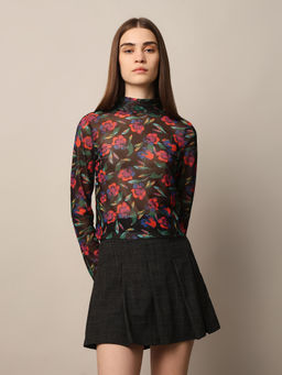 ONLY - Black Floral Fitted Mesh Top