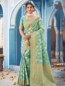 Odette - Womens Sea Green Linen Woven Design Saree with Unstitched Blouse