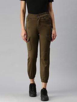 SHOWOFFFF - Women Ankle High-Rise Olive Clean Look Joggers
