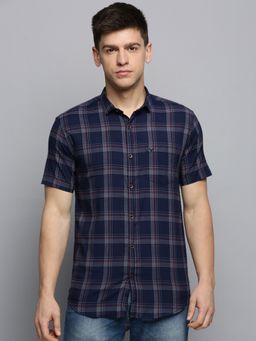 SHOWOFFFF - Mens Spread Collar Checked Navy Blue Classic Shirt