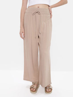 American Eagle - Women Beige Linen Wide-Leg Pant