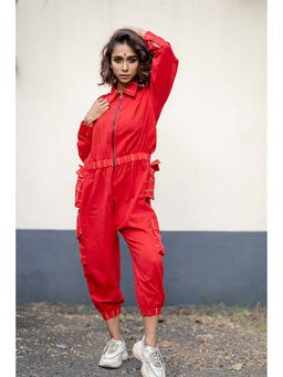 PRATHAA - Red Handloom Cotton Cargo Jumpsuit