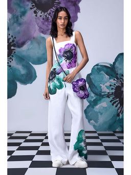 Genes Lecoanet Hemant - White Linen Square Neck Floral Jumpsuits
