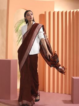 Beatitude - Wine Handloom Linen Saree with Unstitched Blouse