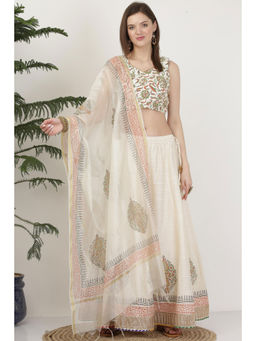 Kaanchie Nanggia - Pure Silk White Block Printed Lehenga (Set of 3)