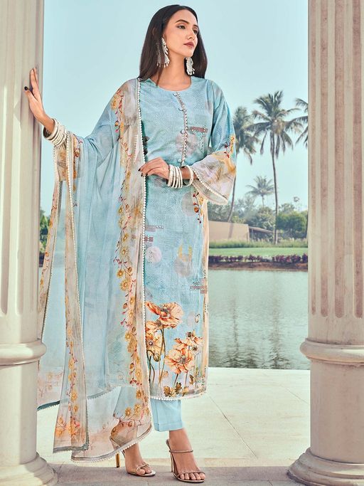 white christmas dresses Sky Blue Cotton Kotadoria Embroidery Dress Materials – Kotadoriaworld