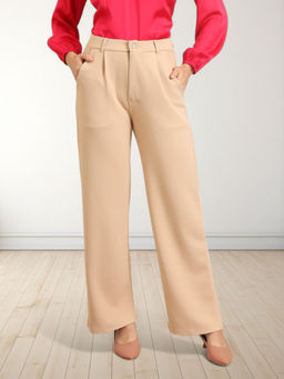 FITHUB - Women Cream Solid Casual Trouser