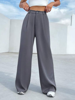 BROADSTAR - Women Grey Pleated Casual Stretchable Trouser