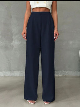 BROADSTAR - Women Navy Blue Pleated Casual Stretchable Trouser