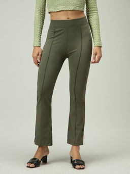Outzidr - Women Olive Solid Casual Trouser