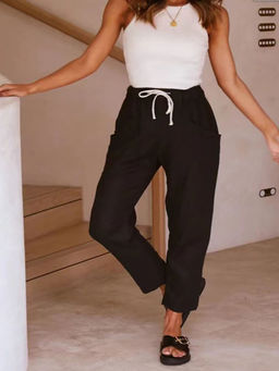 Outzidr - Women Black Solid Casual Trouser