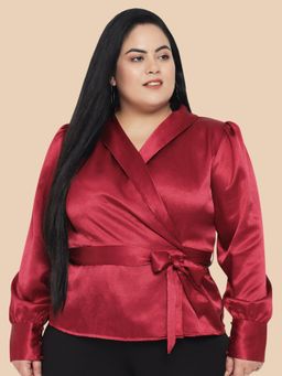 Martini - Maroon Curve Plus Size Satin Puff Sleeve Wrap Top