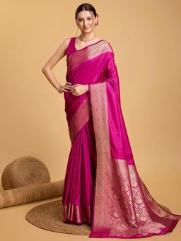 Akhilam - Women Soft Silk Pink Woven Design Saree with Unstitched Blouse