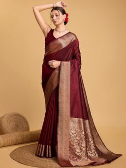 Akhilam - Women Soft Silk Brown Woven Design Saree with Unstitched Blouse