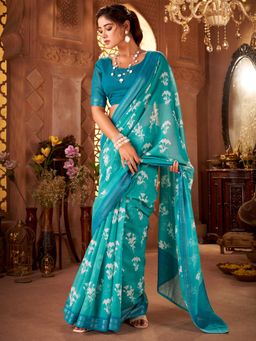 Akhilam - Women Cotton Light Blue Printed Saree with Unstitched Blouse