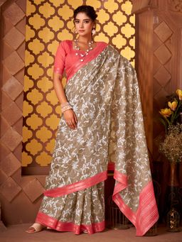 Akhilam - Women Cotton Beige Printed Saree with Unstitched Blouse