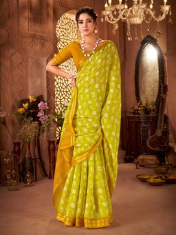 Akhilam - Women Cotton Lime Green Printed Saree with Unstitched Blouse