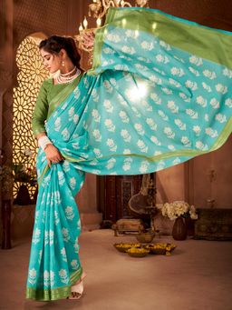 Akhilam - Women Cotton Light Blue Printed Saree with Unstitched Blouse
