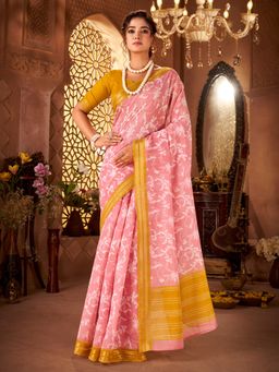 Akhilam - Women Cotton Pink Printed Saree with Unstitched Blouse