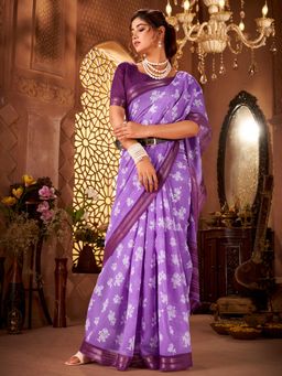 Akhilam - Women Cotton Purple Printed Saree with Unstitched Blouse