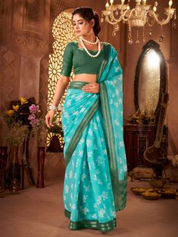 Akhilam - Women Cotton Light Blue Printed Saree with Unstitched Blouse