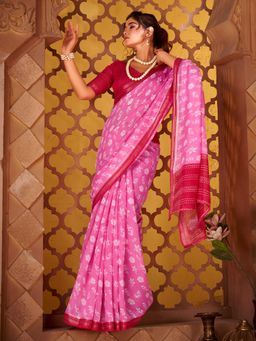 Akhilam - Women Cotton Pink Printed Saree with Unstitched Blouse