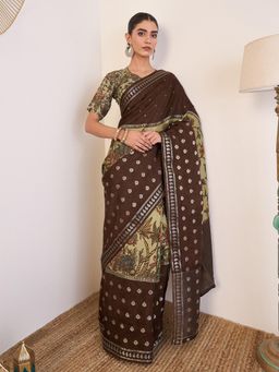 Akhilam - Women Viscose Silk Brown Printed Saree with Unstitched Blouse