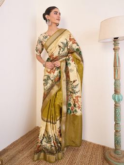 Akhilam - Women Viscose Silk Olive Printed Saree with Unstitched Blouse