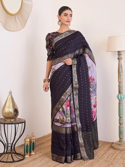 Akhilam - Women Viscose Silk Purple Printed Saree with Unstitched Blouse