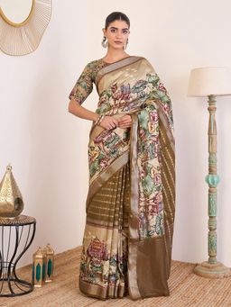 Akhilam - Women Viscose Silk Beige Printed Saree with Unstitched Blouse