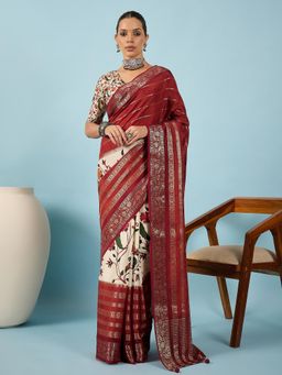 Akhilam - Women Viscose Silk Maroon Printed Saree with Unstitched Blouse