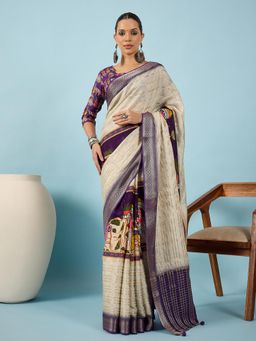 Akhilam - Women Viscose Silk Purple Printed Saree with Unstitched Blouse