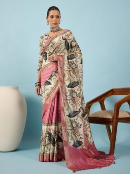 Akhilam - Women Viscose Silk Pink Printed Saree with Unstitched Blouse
