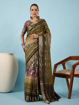 Akhilam - Women Viscose Silk Olive Printed Saree with Unstitched Blouse