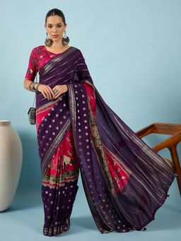 Akhilam - Women Viscose Silk Purple Printed Saree with Unstitched Blouse